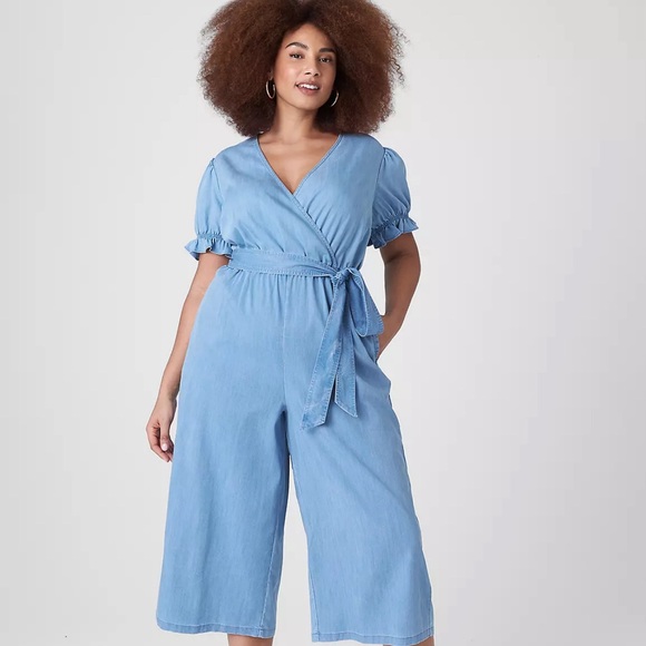 Puff Sleeve Belted Chambray Jumpsuit- Lane Bryant - Picture 1 of 1